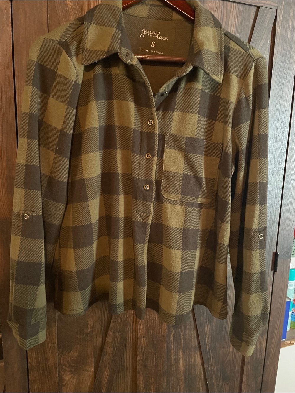 Grace & Lace Olive & Brown Plaid Button-Front Shirt